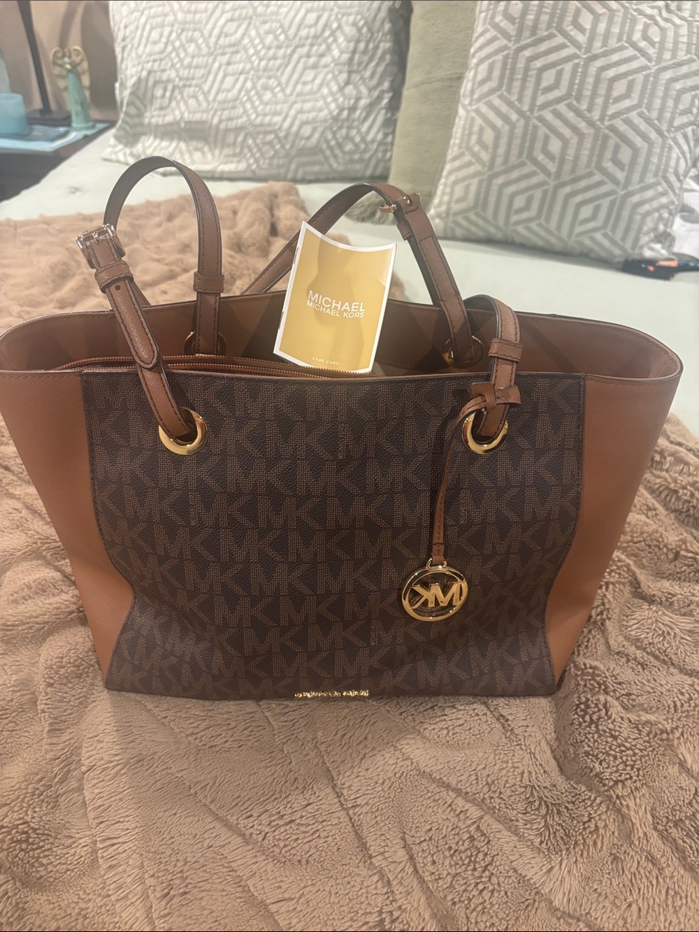 Michael Kors Brown Logo Tote with Tan Trim and Gold Hardware